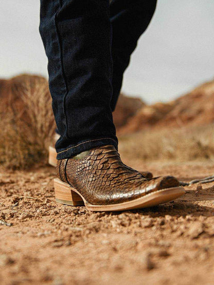 Men's Corral Brown Python Snakeskin Boots with Embroidery featuring genuine python vamp in brown and narrow square toe