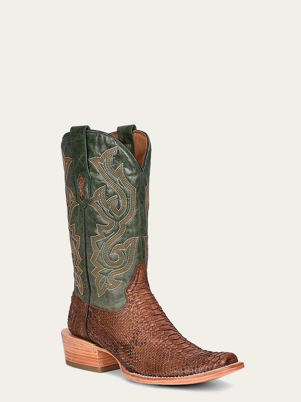 Men's Corral Brown Python Snakeskin Boots with Embroidery featuring brown genuine python vamp and dark green embroidered shaft