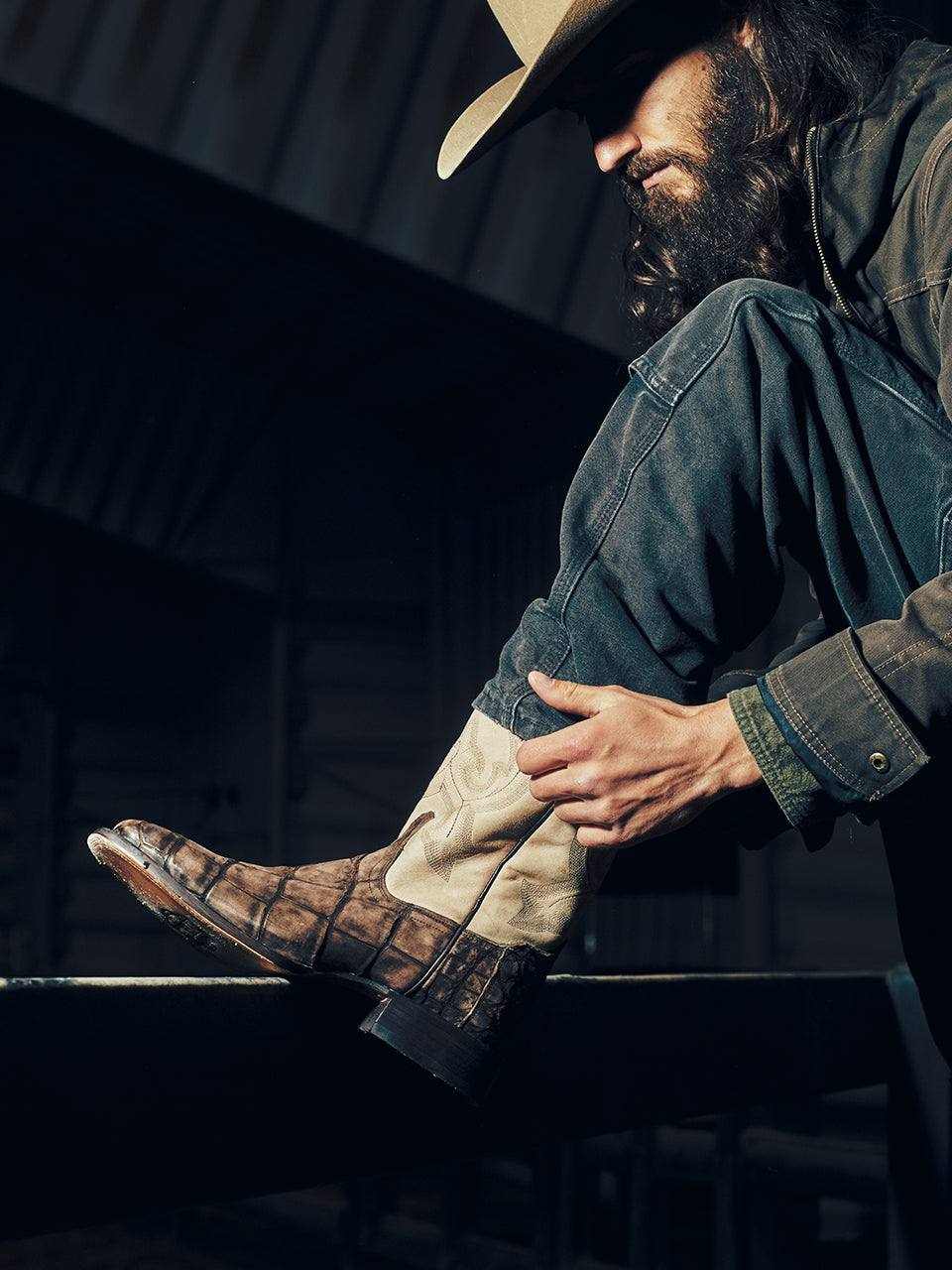 Men's Corral Capuchino genuine American alligator boots with cappuccino and cream leather shaft, embroidered details, and wide square toe