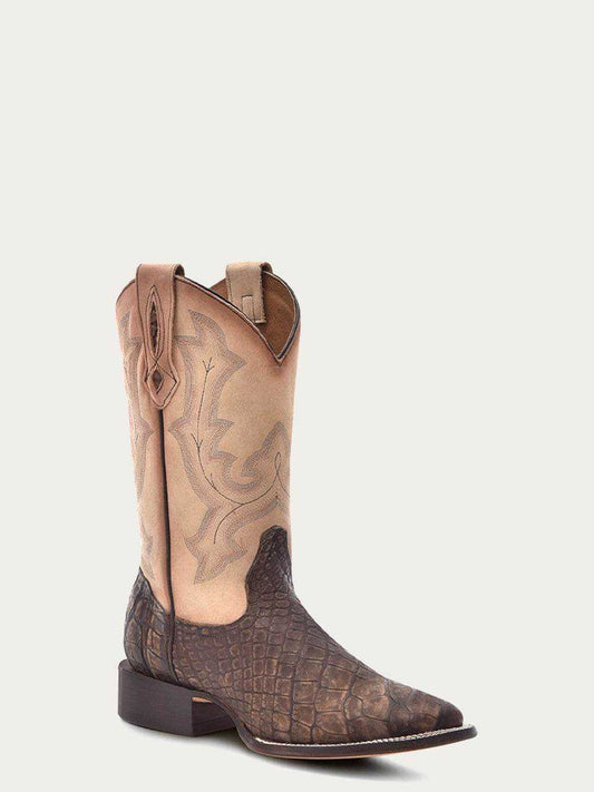 Men's Corral Capuchino boots with genuine American alligator foot, cappuccino leather shaft with embroidery, wide square toe