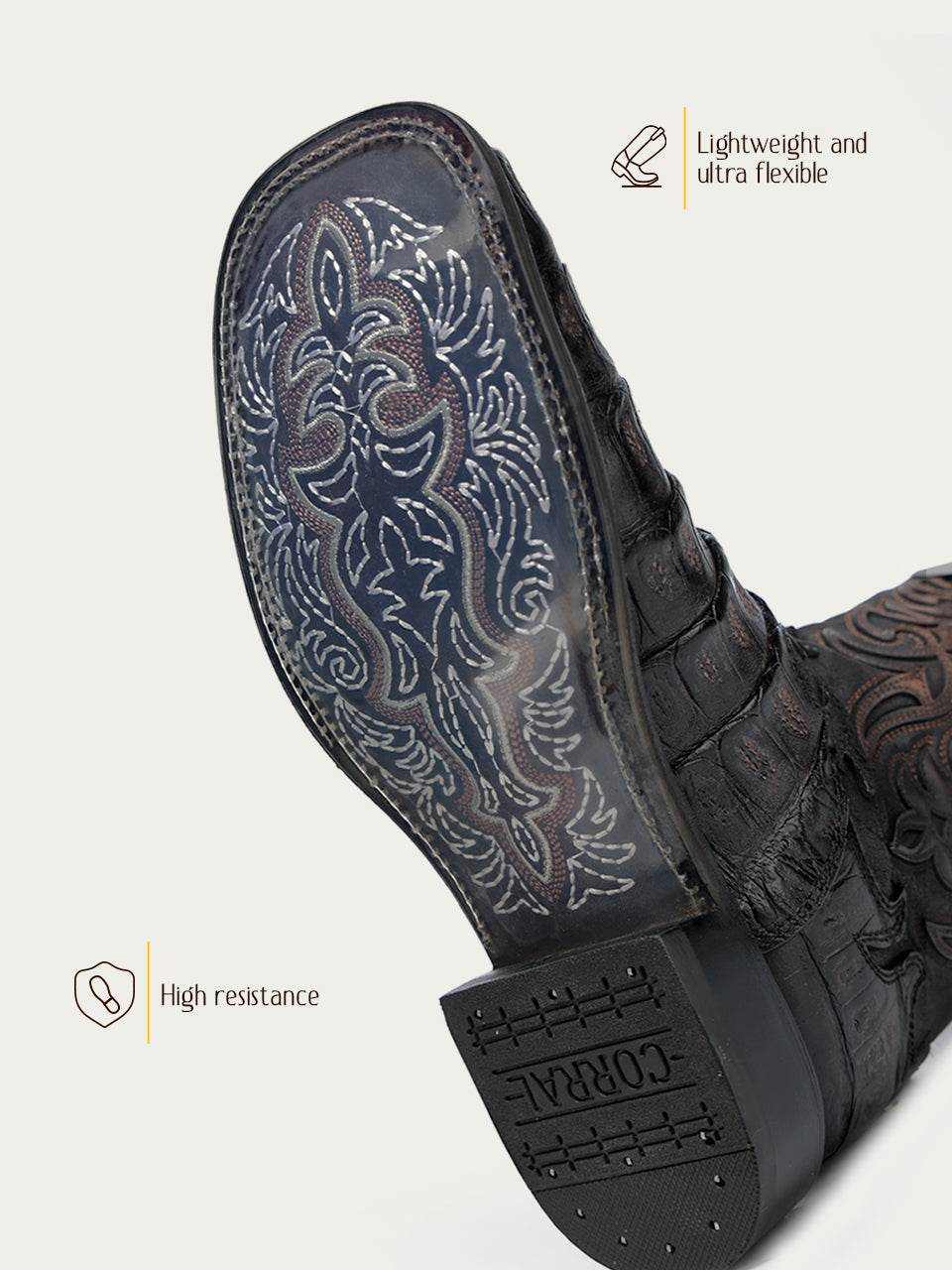 Men's Corral Chocolate Genuine Caiman Boots with dark leather soles, ornate embroidered detailing, and a flexible design