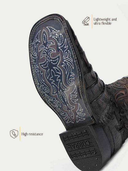 Men's Corral Chocolate Genuine Caiman Boots with dark leather soles, ornate embroidered detailing, and a flexible design