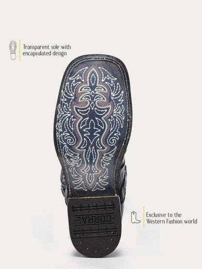 Men's Corral Chocolate Genuine Caiman Boots with dark leather sole, ornate light embroidery, and Corral branding
