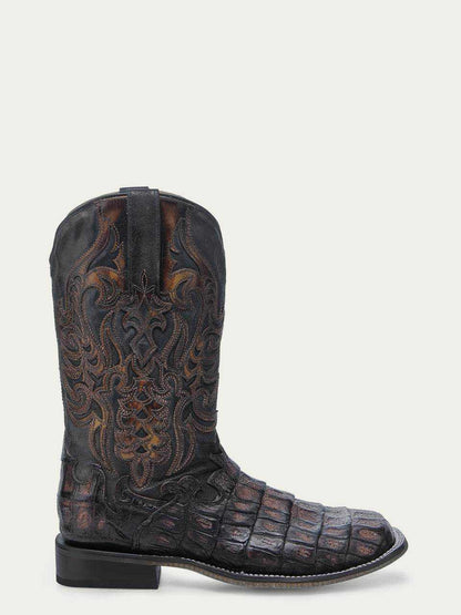 Men's Corral Chocolate Genuine Caiman Boots in dark chocolate textured leather, with ornate shaft embroidery and wide square toe