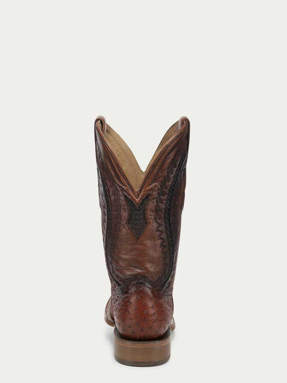Men's Corral Cognac Genuine Full Quill Ostrich Boots in rich cognac leather with inlay and embroidery on 12-inch shaft