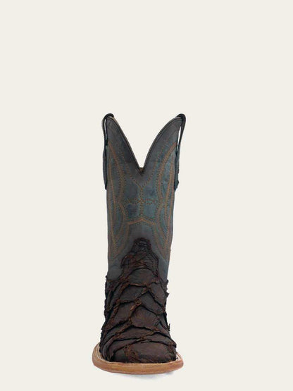 Men's Corral Dark Brown Genuine Pirarucu Fish Boots with Embroidery featuring textured fish leather, navy blue embroidered shaft, and pull-on straps
