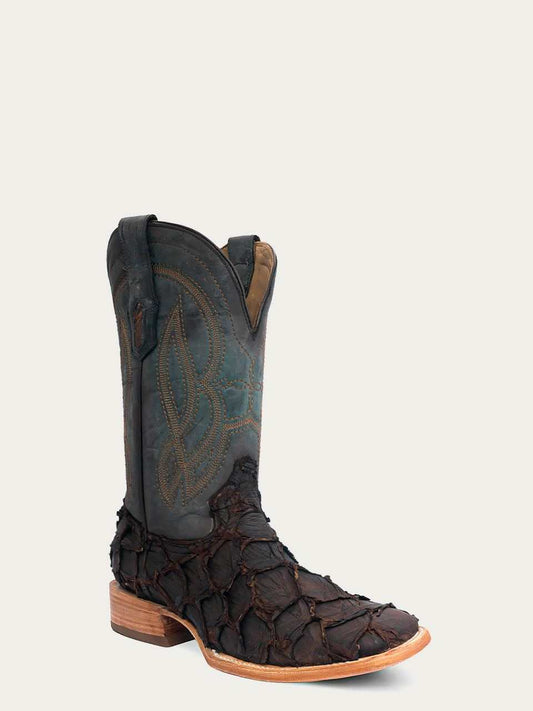 Men's Corral Dark Brown Genuine Pirarucu Fish Boots with Embroidery featuring dark brown pirarucu fish leather foot, navy blue embroidered 12-inch shaft, wide square toe, and wooden stacked heel