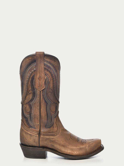 Men's Corral Gold genuine leather cowboy boot in distressed golden brown with woven accents and narrow square toe