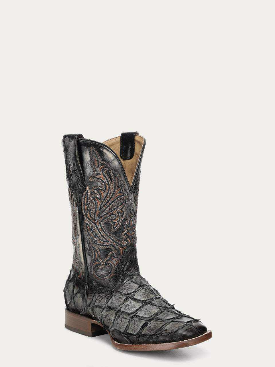 Men's Corral Green cowboy boot with genuine pirarucu fish leather foot, black embroidered shaft, and wide square toe