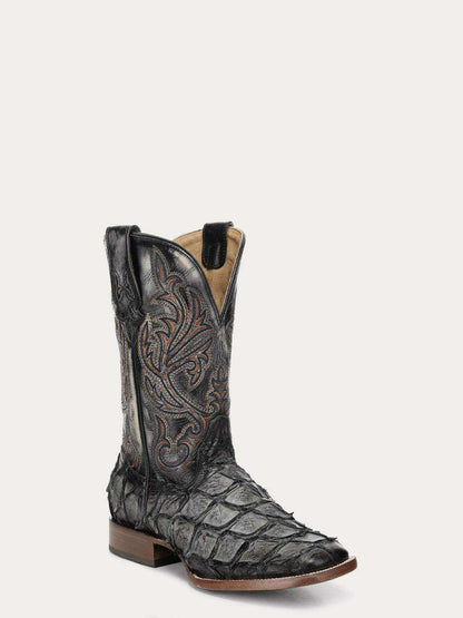 Men's Corral Green cowboy boot with genuine pirarucu fish leather foot, black embroidered shaft, and wide square toe