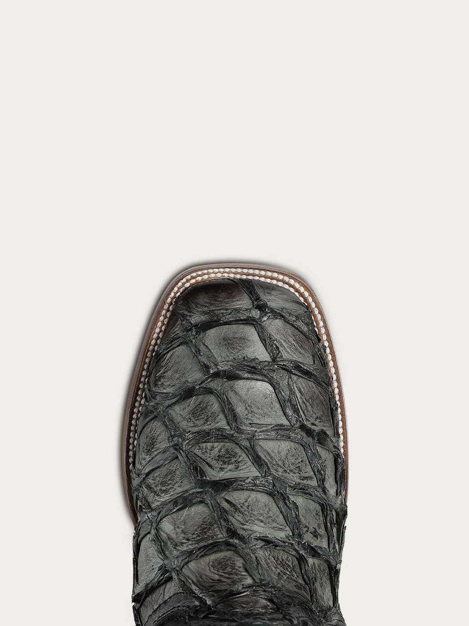 Men's Corral Green cowboy boot with genuine pirarucu fish leather foot and wide square toe featuring detailed stitching