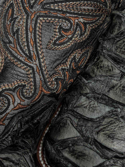 Men's Corral Green boots featuring genuine pirarucu fish leather foot and olive green embroidered leather shaft