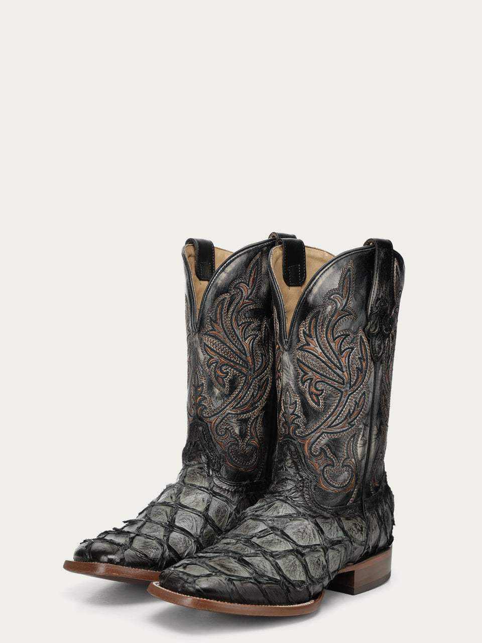 Men's Corral Green cowboy boots with genuine pirarucu fish leather foot and black leather shaft embroidered with western patterns