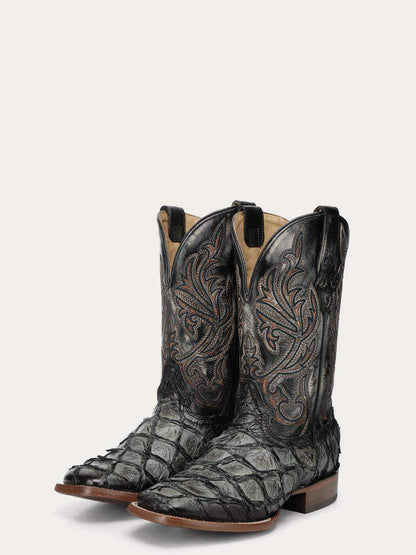 Men's Corral Green cowboy boots with genuine pirarucu fish leather foot and black leather shaft embroidered with western patterns