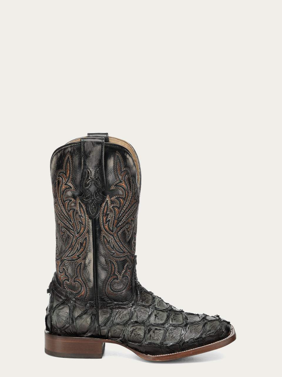 Men's Corral Green cowboy boot featuring pirarucu fish leather foot with embossed scales and dark green leather shaft with intricate embroidery
