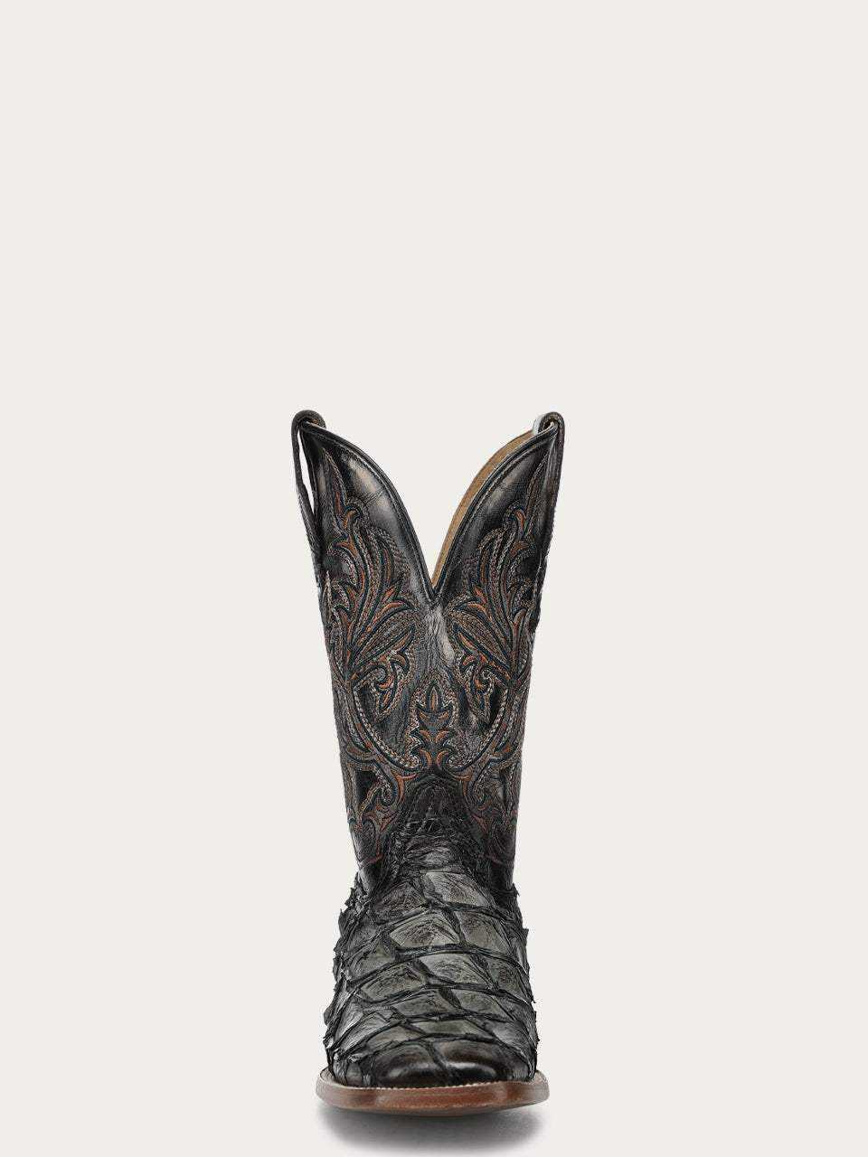 Men's Corral Green cowboy boot with genuine pirarucu fish leather foot, olive green leather shaft with detailed embroidery, and wide square toe