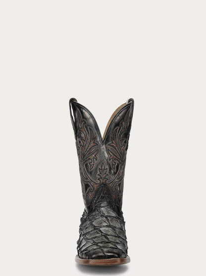 Men's Corral Green cowboy boot with genuine pirarucu fish leather foot, olive green leather shaft with detailed embroidery, and wide square toe