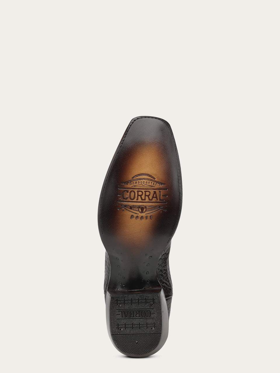 Men's Corral Honey alligator leather cowboy boot sole with Corral embossed logo and rubber heel cap visible