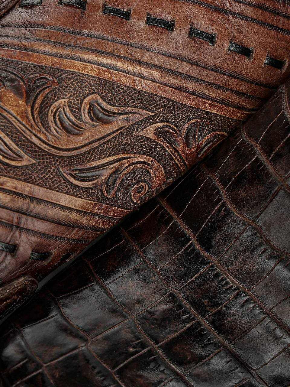 Men's Corral Honey genuine alligator boots featuring honey and dark brown leather with tooled and handwoven patterns