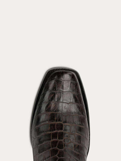 Men's Corral Honey alligator leather boot toe in dark brown with square shape and detailed texture