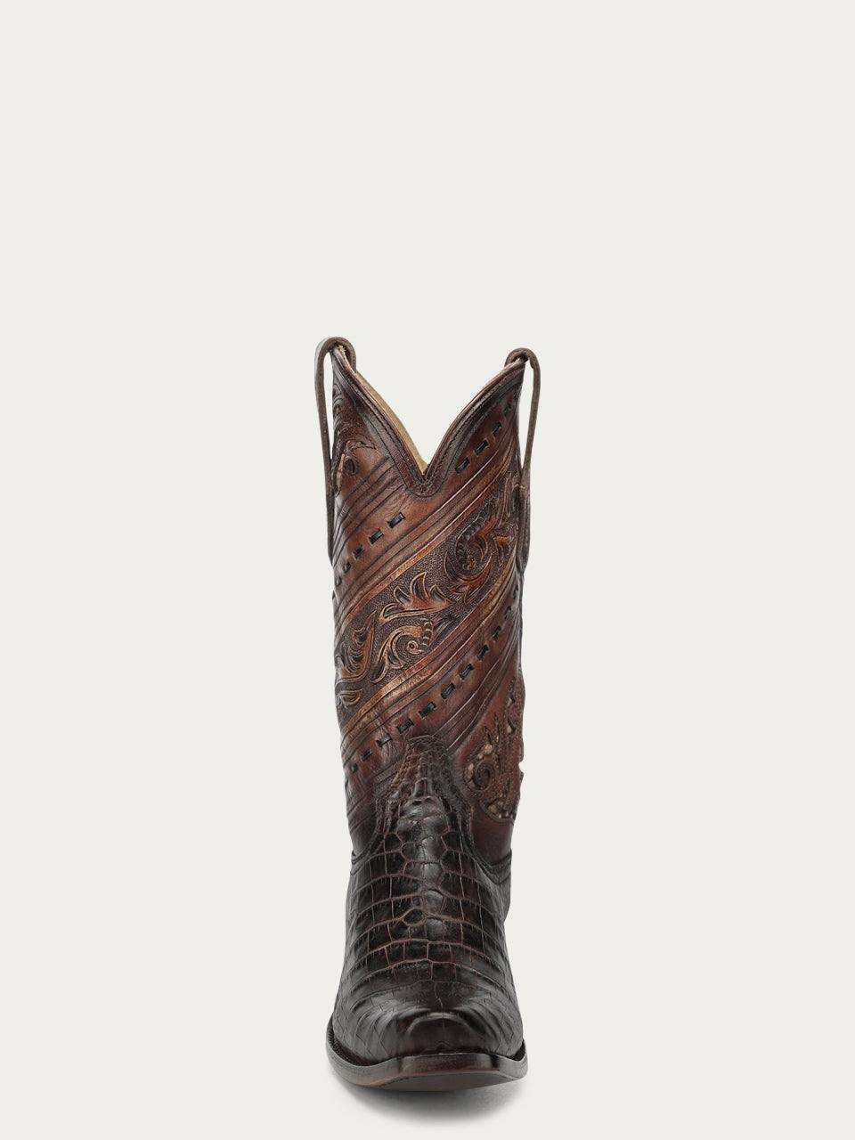 Men's Corral Honey alligator leather cowboy boot with tooled and handwoven upper, narrow square toe, and pull-on straps
