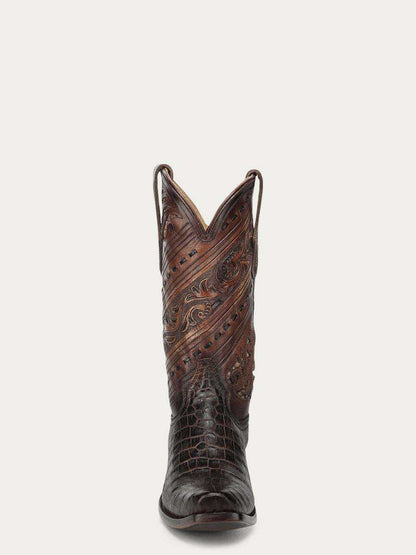 Men's Corral Honey alligator leather cowboy boot with tooled and handwoven upper, narrow square toe, and pull-on straps