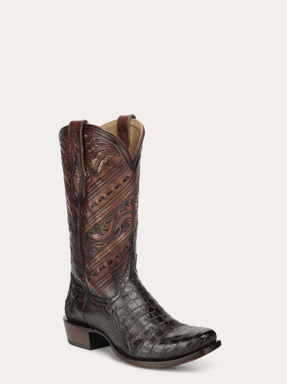Men's Corral Honey alligator leather cowboy boot with intricate tooled and handwoven shaft detailing and narrow square toe