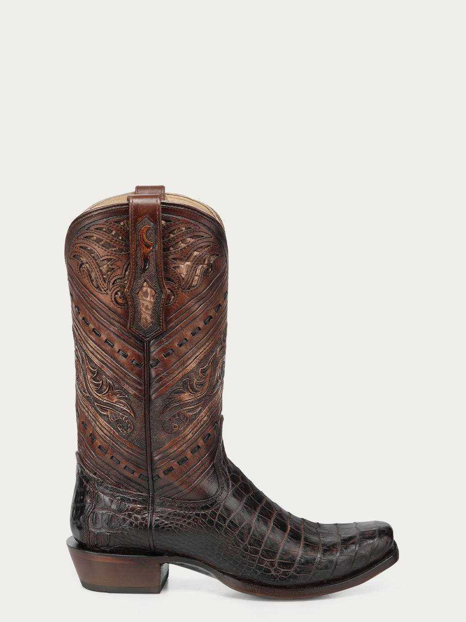 Men's Corral Honey alligator leather cowboy boot with dark brown toe, intricate tooled and handwoven pattern shaft