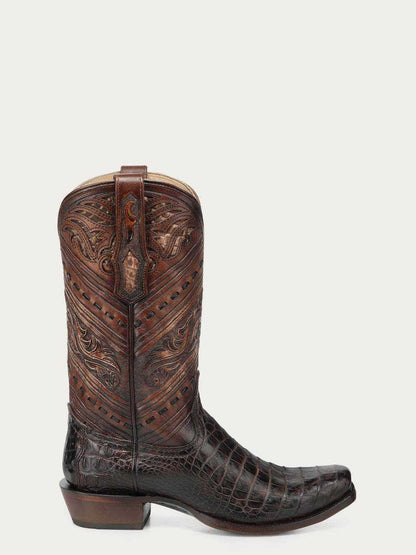Men's Corral Honey alligator leather cowboy boot with dark brown toe, intricate tooled and handwoven pattern shaft