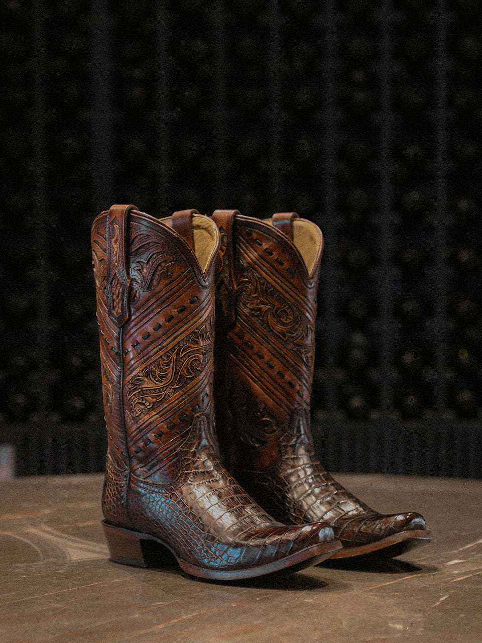 Men's Corral Honey alligator leather cowboy boots featuring tooled and handwoven patterns with a narrow square toe and 12-inch shaft