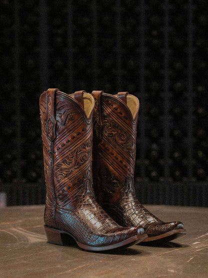 Men's Corral Honey alligator leather cowboy boots featuring tooled and handwoven patterns with a narrow square toe and 12-inch shaft