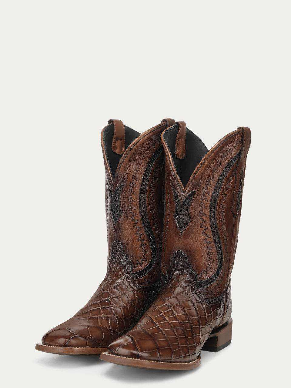 Men's Corral Honey Boots in genuine American alligator leather with warm honey color, intricate Western embroidery, and wide square toe