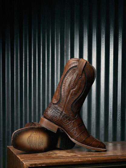 Men's Corral Honey Boots in genuine American alligator leather with western embroidery and wide square toe