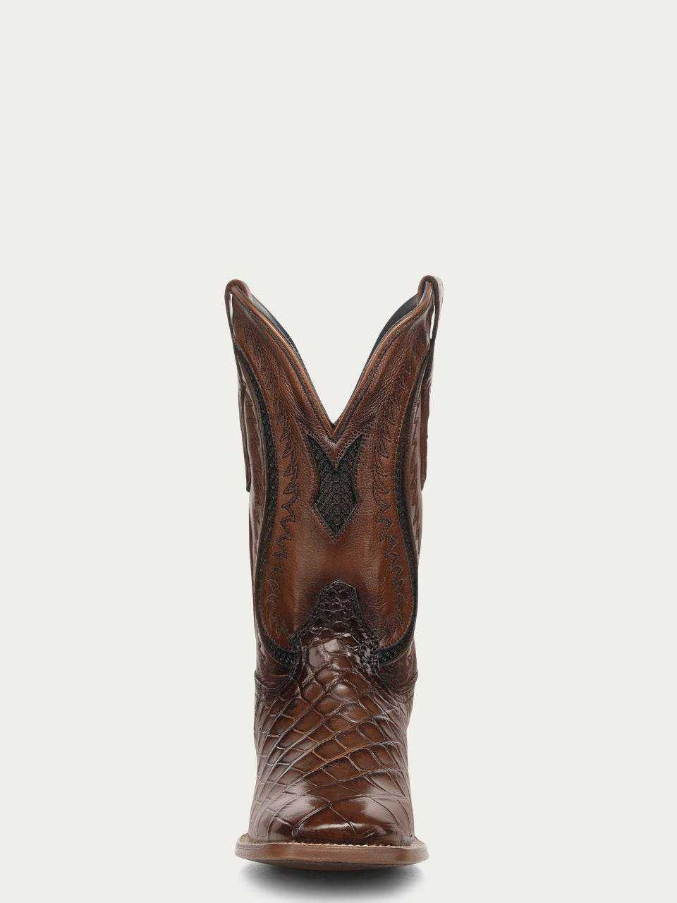 Men's Corral Honey Boots featuring genuine American alligator leather in warm honey with intricate black embroidery and wide square toe