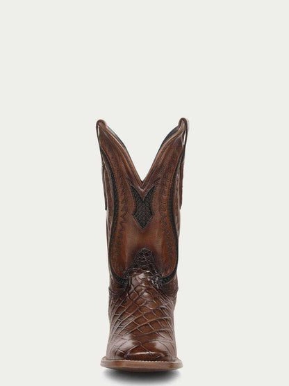 Men's Corral Honey Boots featuring genuine American alligator leather in warm honey with intricate black embroidery and wide square toe