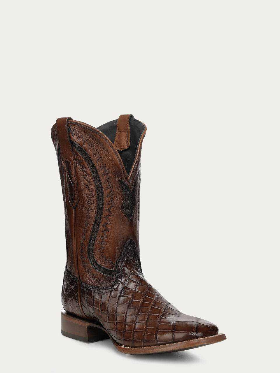 Men's Corral Honey Boots in brown genuine alligator leather with intricate Western embroidery and a wide square toe