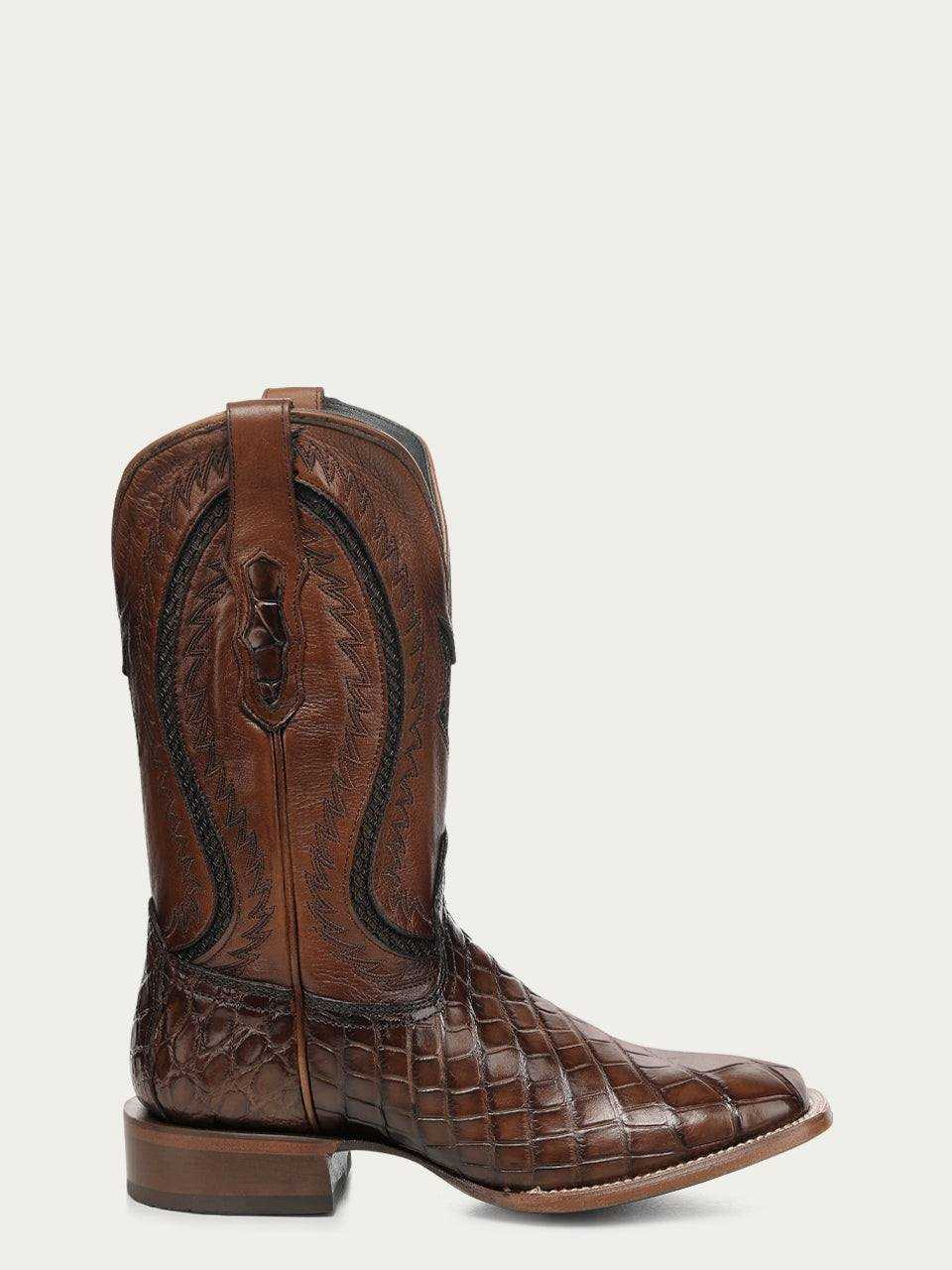 Men's Corral Honey Boots in rich brown genuine American alligator leather with detailed Western embroidery and wide square toe