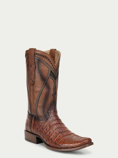 Men's Corral Honey Caiman Boots with Inlay & Embroidery in brown textured leather with stitched shaft and narrow square toe