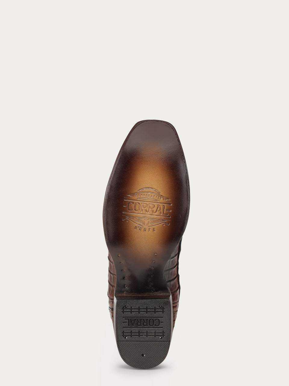Men's Corral Honey Caiman Boots with Inlay & Embroidery showing a dark leather sole with Corral branding and rubber heel cap