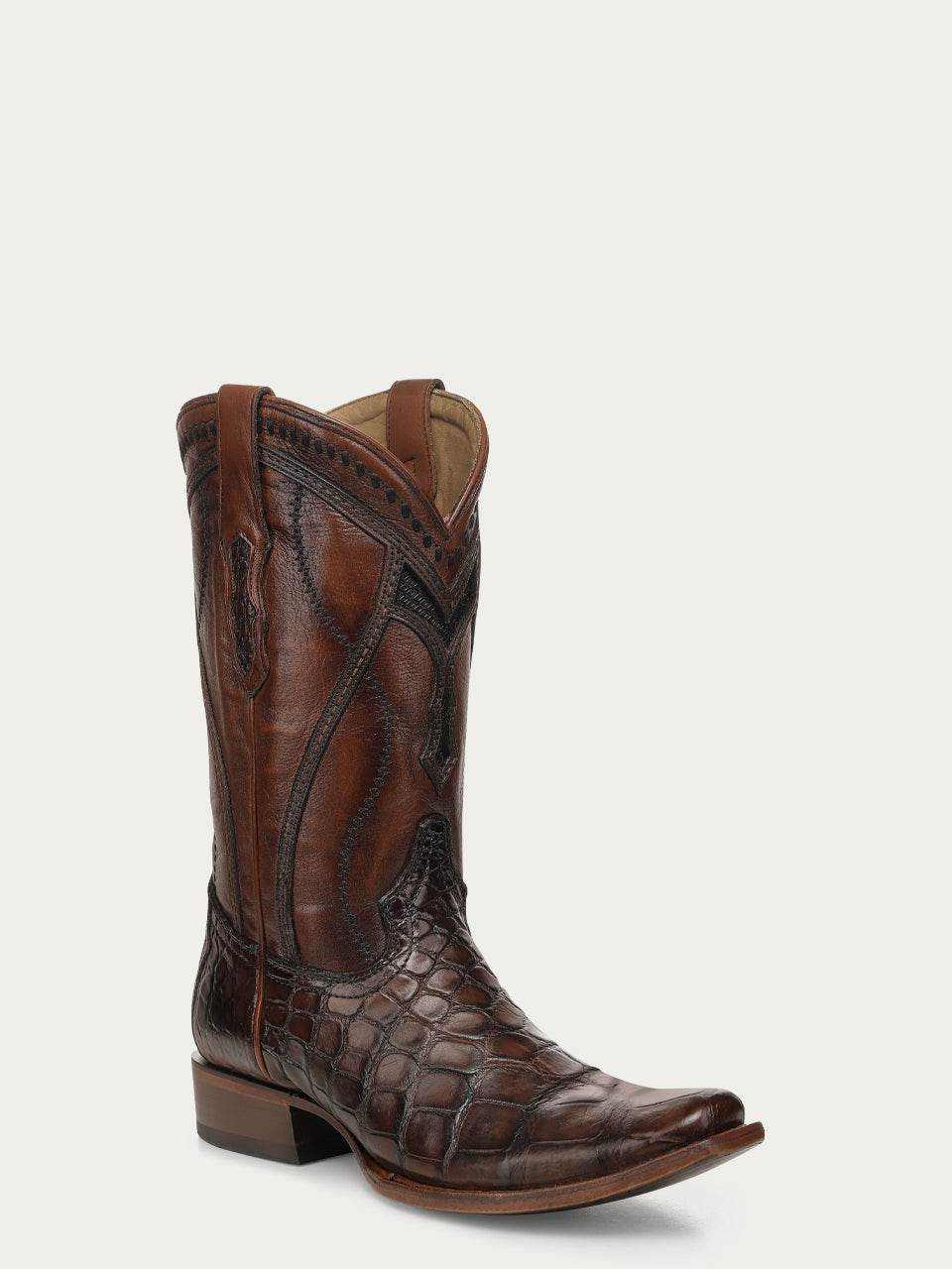 Men's Corral Honey Genuine American Alligator Boots with Inlay featuring rich brown alligator leather, intricate embroidery, woven details, and pull straps
