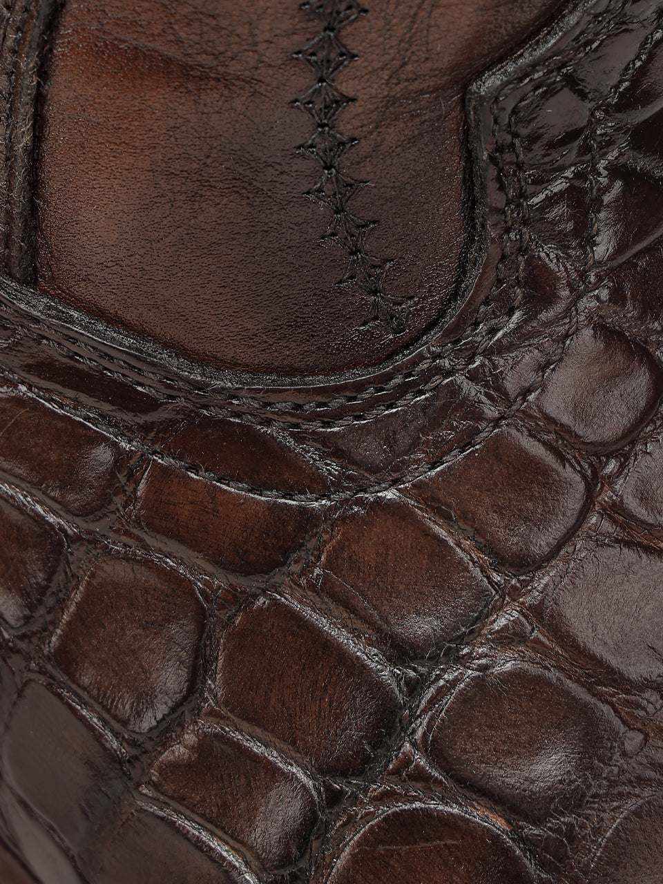 Close-up of Men's Corral Honey Genuine American Alligator Boots with Inlay showing rich brown alligator leather texture and detailed stitching