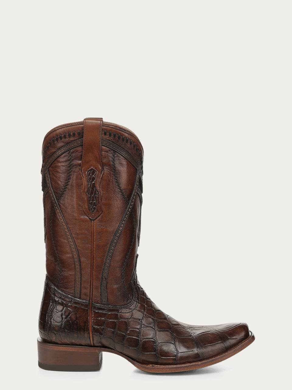 Men's Corral Honey Genuine American Alligator Boots with Inlay featuring rich honey leather, intricate inlay, embroidery, woven details, and a narrow square toe
