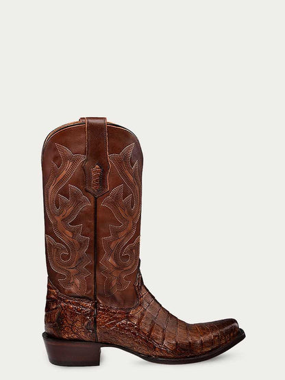 Men's Corral Honey Genuine Caiman Boots in rich brown textured leather with ornate Western shaft embroidery and square toes