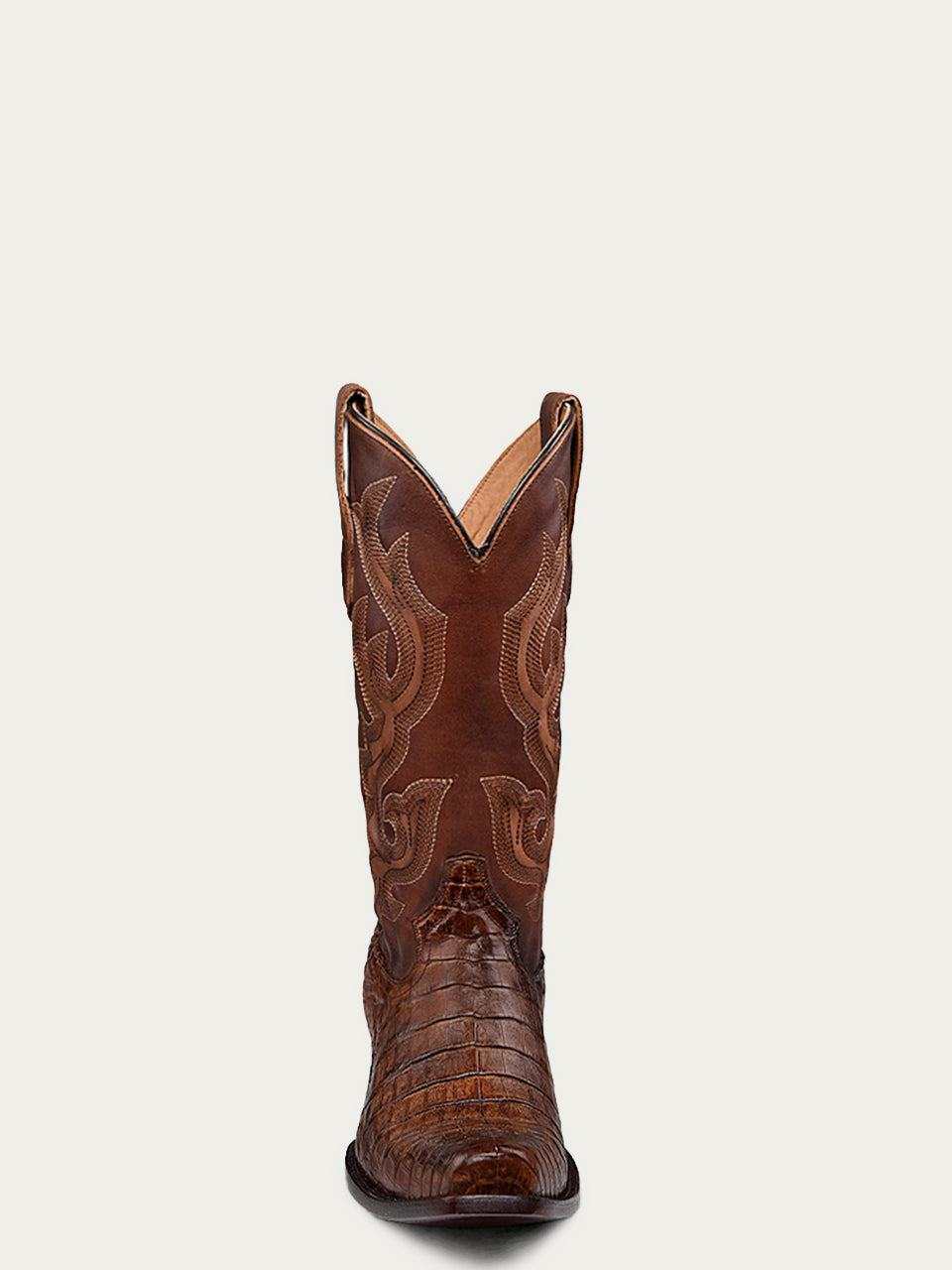 Men's Corral Honey Genuine Caiman Boots in brown textured leather with Western embroidered shaft and narrow square toe