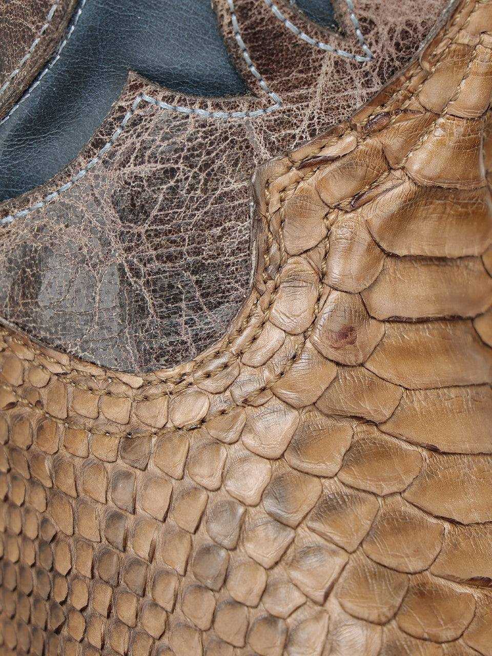 Men's Corral Honey Genuine Python Boots with Inlay & Embroidery in honey python leather with blue cowhide inlay and detailed stitching