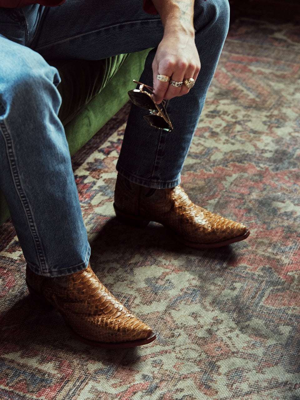 Men's Corral Honey Genuine Python Boots with Inlay & Embroidery featuring honey python leather and distinctive texture