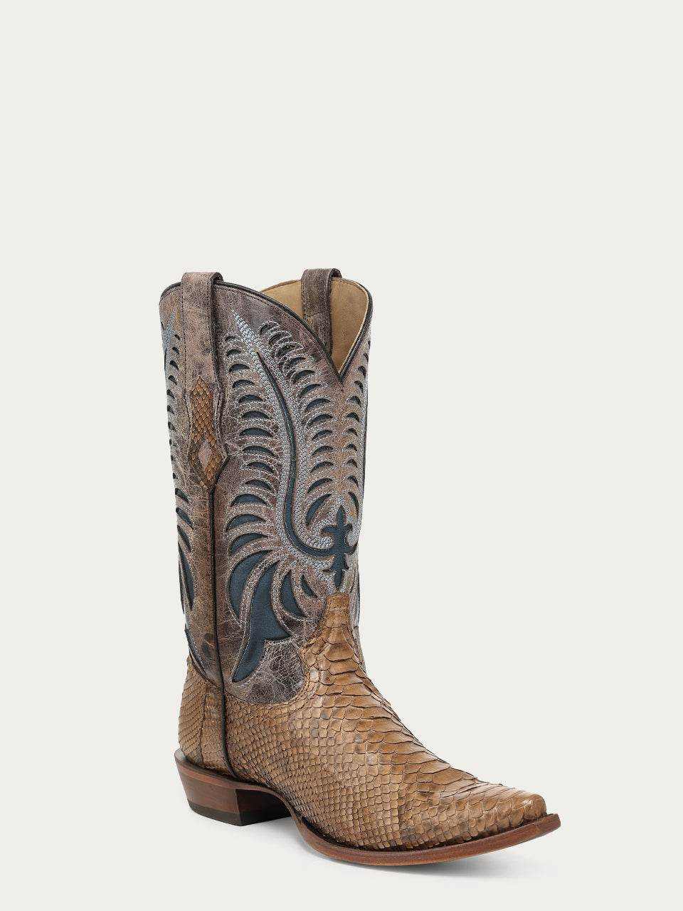Men's Corral Honey Genuine Python Boots with Inlay & Embroidery featuring honey python leather, blue cowhide inlay, and intricate embroidery
