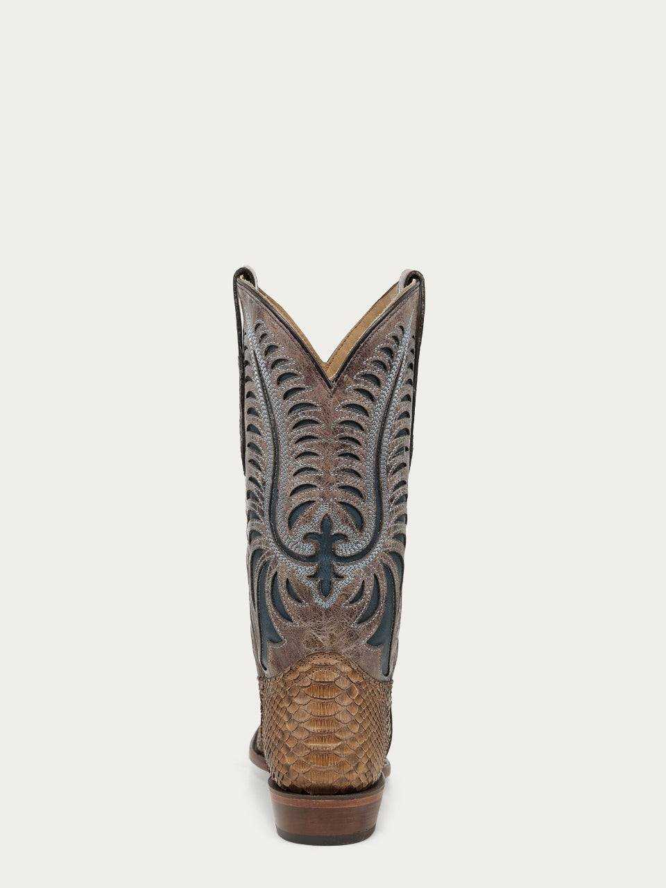 Men's Corral Honey Genuine Python Boots with Inlay & Embroidery showing detailed back blue and honey python leather with intricate black and blue embroidery