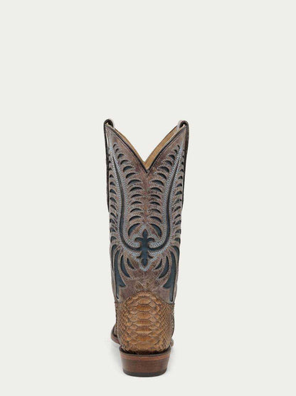 Men's Corral Honey Genuine Python Boots with Inlay & Embroidery showing detailed back blue and honey python leather with intricate black and blue embroidery