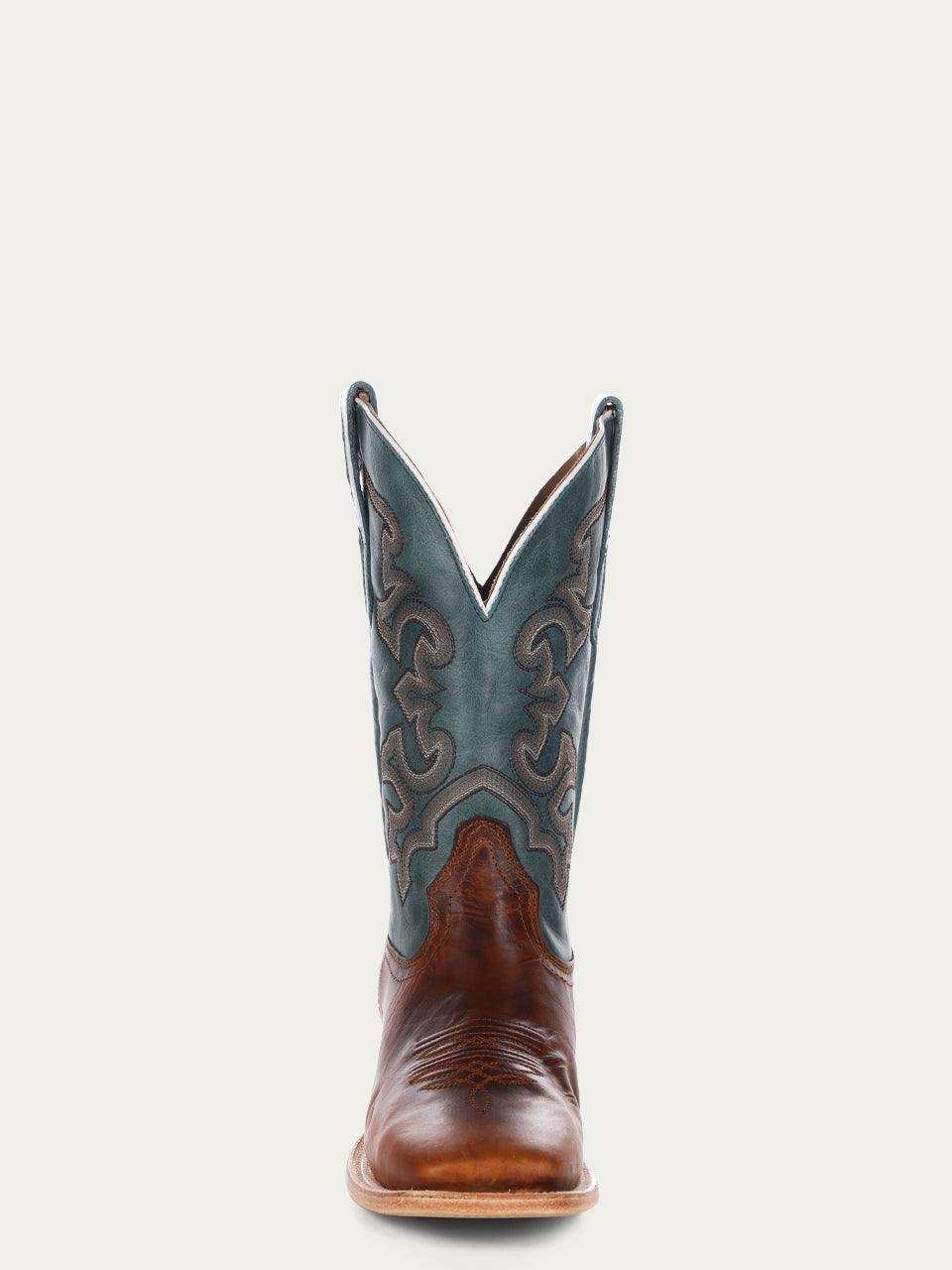 Men's Corral Honey Leather Boots featuring a honey leather foot with a blue embroidered shaft and wide square toe
